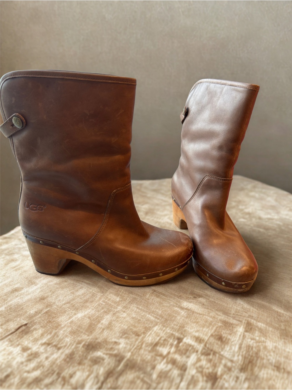 UGG Brown Leather Mid-Calf Clog Boots with Studded Wood Sole
